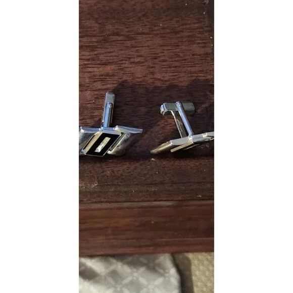 Vintage Anson Cufflinks – Black Stone & White Rhinestone Silver-Tone Men’s - Picture 3 of 4